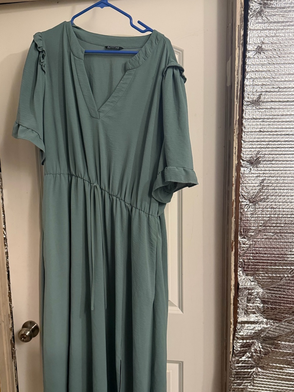 BloomChic Sage Green Midi Dress with V-Neck and Drawstring